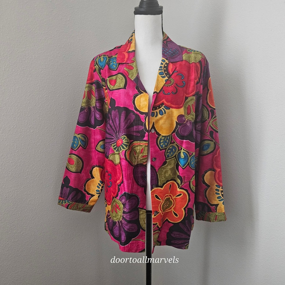 Chico's Flower Blooms Woodbury 100% Silk Floral Jacket sz 2 US 12 Y2K Boho NWT